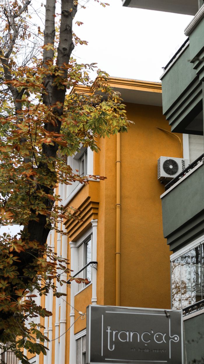 Capture of vibrant city architecture with autumn foliage, creating a lively urban atmosphere.